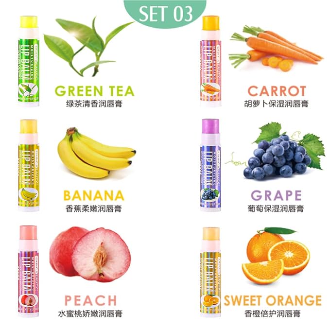 evpct 6Pcs Classic Fruit Flavour Flavored Lip Balm Set for Lip Care Chafed Chapped Cracked Lips, Natural Vitamin E & Honey Green Tea Carrot Banana Grape Peach Orange Moisturizing Mens Kids Lip Balm 3-VivaGrace Women