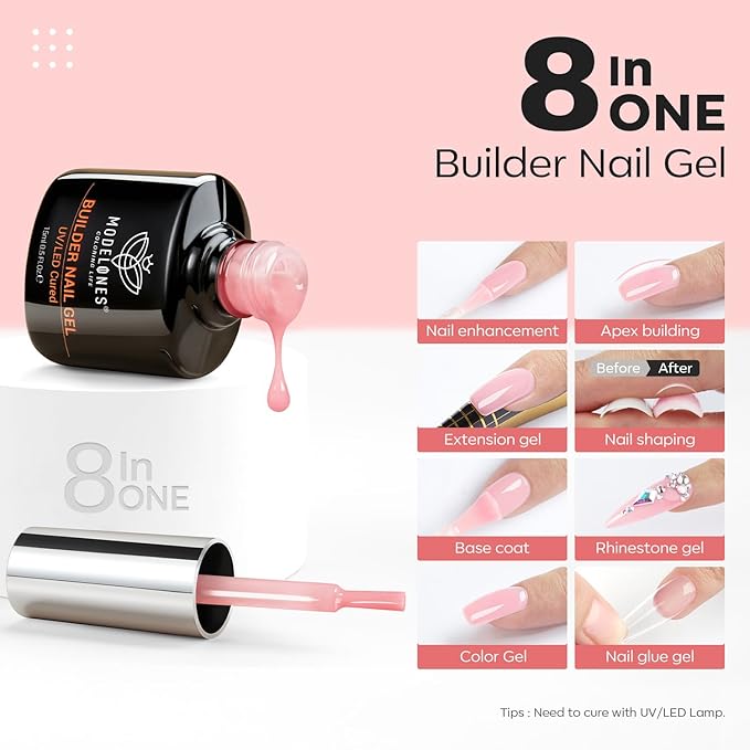 modelones Builder Nail Gel, 8-in-One Neutral Nude Pink Builder for Nail Thickening Apex Building, Rose Blush Pink Rubber Color Base LED Lamp Cured Strengthener Extend Hard Gel Polish for DIY Salon-VivaGrace Women