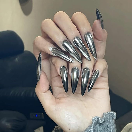 24pcs Silver Chrome Press On Stiletto Glossy Mirror Full Cover Acrylic Ballerina Glue On Almond Shape False Nails for Women & Girls