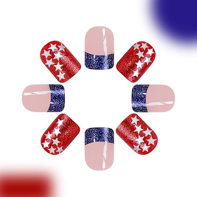 24Pcs 4th of July Press on Nails Short Square Fake Nails with Glitter American Flag Star Design Glue on Nails Blue French Tip False Nails Independence Day Patriotic Acrylic Nails Decoration Kit