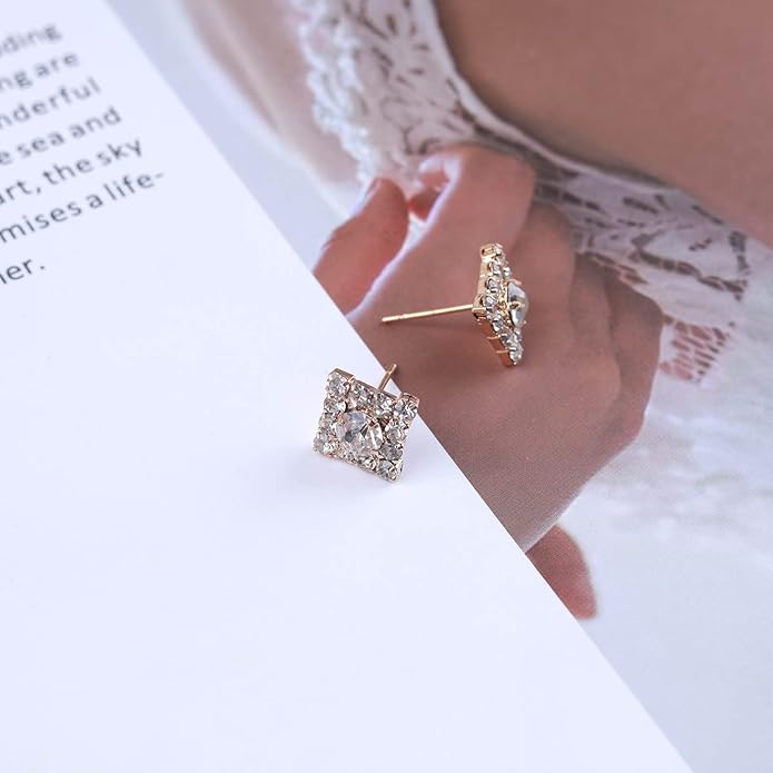 Vintage Crystal Square Earrings Rhinestone Square Stud Earrings Gold Cz Square Earrings Geometric Square Earrings Jewelry for Women-VivaGrace Women