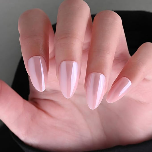 Chrome Press on Nails Short Almond, Pink Press on Nails Almond, Fashion Gel Spring Fake Nails, Reusable Glossy Stick on Nails for Women, Glue on Nails Kit,15 Sizes - 30Pcs