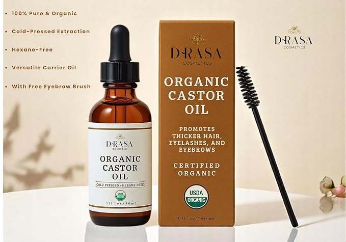 Organic Castor Oil– 100% Pure, Extra Virgin (2oz Glass Bottle), Cold-Pressed, Hexane-Free, Promotes Growth of Hair, Eyebrows & Eyelashes, For Castor Oil Packs, With Free Eyebrow Brush-VivaGrace Women