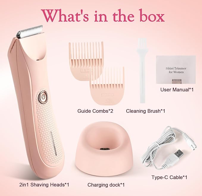 Riokko Bikini Trimmer for Women with LED Light and IPX7 Waterproof Dual Charging, Skin-Safe Cordless Pubic Hair Shaver with Battery Indicator-VivaGrace Women