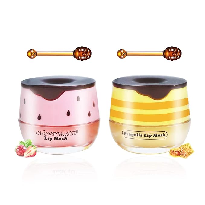 2PCS Honey Balm & Strawberry Lip Balm, Honey Lip Balm, Lip Masks for Dry and Cracked Lips with Brush, Lip Exfoliator & Moisturizer, Reduces Lips Lines & Lightens Lips, Anti-Wrinkle, Aging-VivaGrace Women