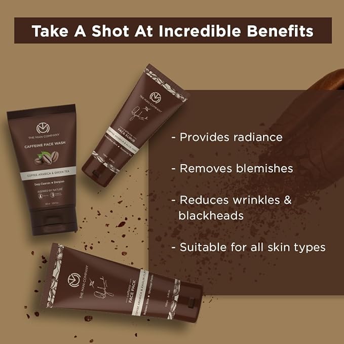 The Man Company Coffee Face Care Kit with Face Wash, Face Scrub, Face Pack | Cleanses, Detoxifies, Relaxes, Glowing and Brightening Skin - Pack of 3-VivaGrace Women