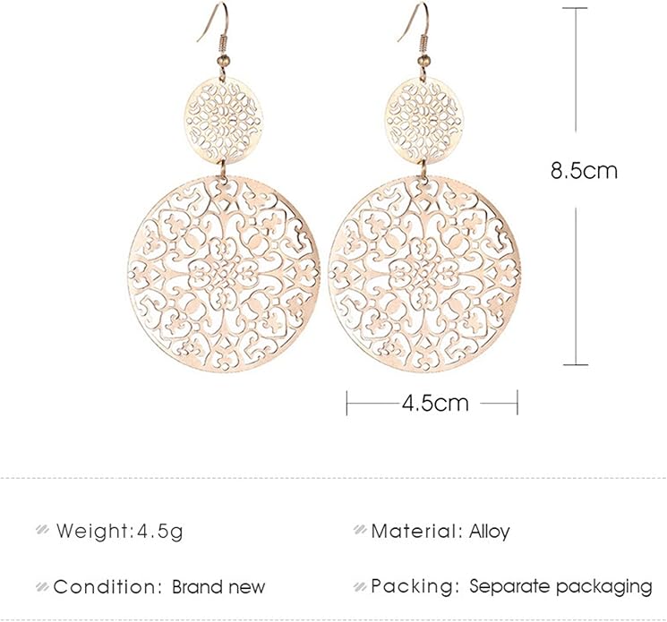 Filigree Hollow Disc Dangle Drop Earrings Boho Gold Ethnic Carved Flower Earrings Double Round Disc Drop Earrings Statement Hook Earrings Wedding Bridesmaid Jewelry for Women and Girls-VivaGrace Women