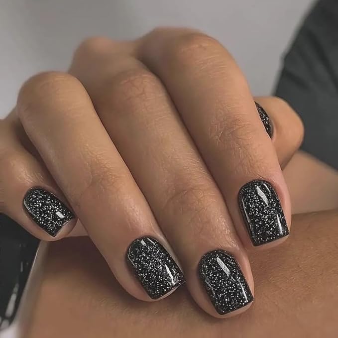KQueenest Black Glitter Press on Nails Short Nails Glue On, Sparkle Bling Fake Nails Short, Cute Acrylic Nails Press ons, Luxury Shiny Stick on Nails For Women Festival Decoration in 24 Pcs