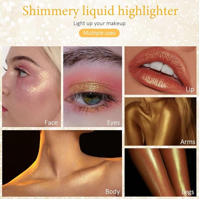 evpct Gold Highlighter Makeup Liquid, Gold Glitter Iridescent Face Festival Highlighter Makeup Waterproof Long Lasting Halographic Shimmer Shimmery Body Highlighter Makeup Palette Stick Illuminators-VivaGrace Women