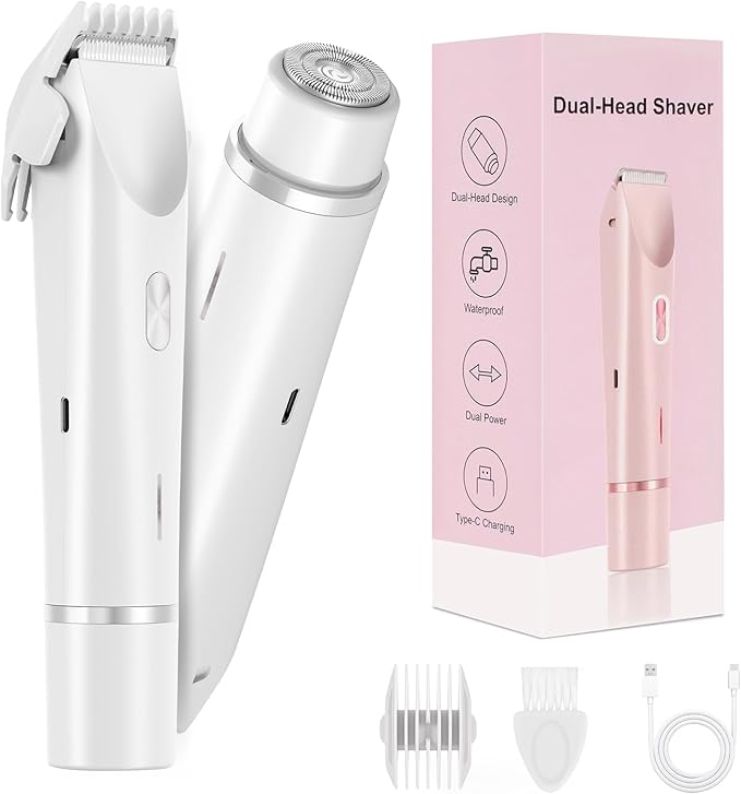 Bikini Trimmer for Women-2 in 1 Electric Razors for Women,USB Rechargeable Bikini Electric Shaver,IPX7 Waterproof Dry & Wet Use Body Hair Trimmer and Facial Hair Remover for Underarm Leg Body,White-VivaGrace Women