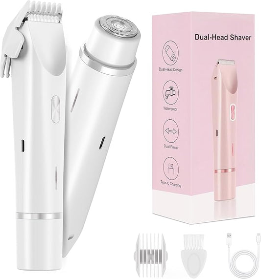 Bikini Trimmer for Women-2 in 1 Electric Razors for Women,USB Rechargeable Bikini Electric Shaver,IPX7 Waterproof Dry & Wet Use Body Hair Trimmer and Facial Hair Remover for Underarm Leg Body,White-VivaGrace Women