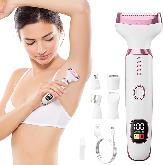 5-in-1 Electric Razor for Women - Bikini Trimmer with LED Display, Painless Hair Removal for Face, Nose, Eyebrows, Arms & Legs - Wet/Dry Rechargeable Shaver for Armpits & Pubic Area-VivaGrace Women
