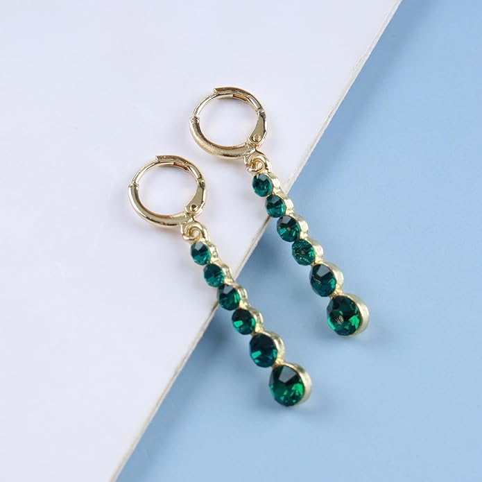 Vintage Crystal Emerald Drop Earrings Emerald Bar Dangle Earrings Green Long Tassel Chain Earrings Gold Hoop Huggie Earrings Jewelry for Women-VivaGrace Women