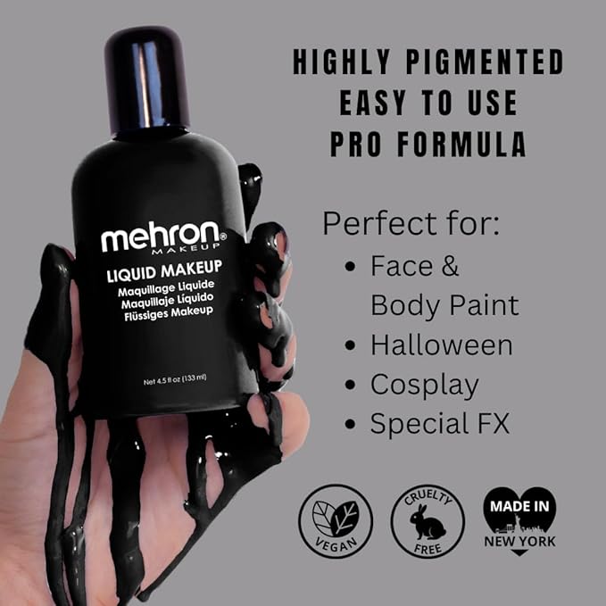 Mehron Makeup Liquid Makeup | Face Paint and Body Paint Perfect for Halloween, Cosplay I Air Brush Compatible 4.5 oz (133 ml) (Black)-VivaGrace Women
