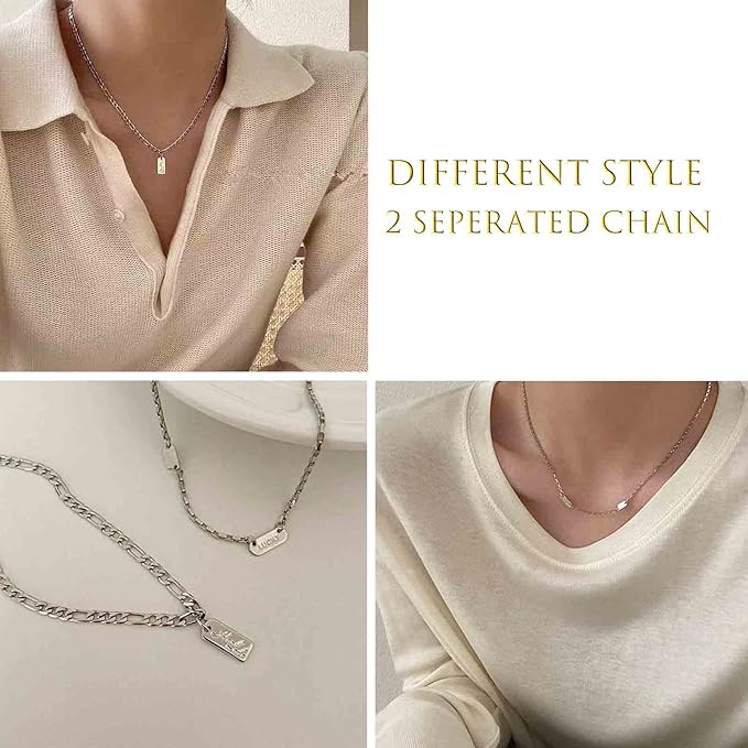 Boho Layered Silver Bar Necklace Choker Figaro Chain Necklace Vintage Layering Link Chain Necklace Geometric Necklace Jewelry for Women and Girls-VivaGrace Women