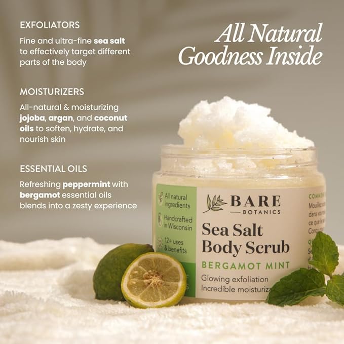 Bare Botanics Bergamot Mint Body Scrub 24oz | Made in Madison, WI | All Natural Sea Salt Exfoliator w/ Skin Loving Moisturizers | Vegan & Cruelty Free | Gift Ready Packaging w/ a Cute Wooden Spoon-VivaGrace Women