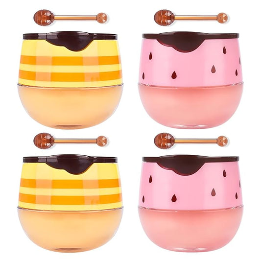 4Pcs Honey Strawberry Lip Balm Honey Pot, Strawberry Lip Sleeping Mask, Overnight Lip Sleeping Mask, Honey Balm Lip Balm Pot, Honey Lip Mask Nourish Lip Scrubs Exfoliator Honey/Strawberry-VivaGrace Women