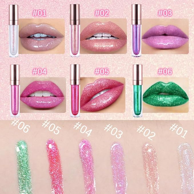 GECOMO Colorful Explosive Pearlescent Lip Gloss 3D Multifunctional Fine Glitter Chameleon Lip Gloss Polarized Diamond Makeup, Magic Big Brush Color Changing Lip Oil(101# COLORFUL FLASH)-VivaGrace Women