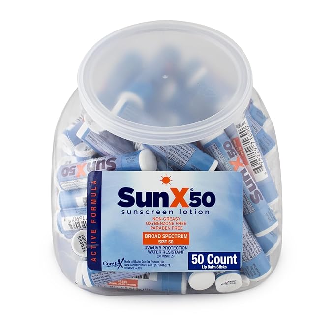 CoreTex Sun X 50 Lip Balm SPF 50 (Pack of 50) - Sunscreen Lip Balm, Water Resistant up to 80 Minutes & Free of Parabens & Oxybenzone - SPF 50 Broad Spectrum (UVA/UVB) Lip Protection-VivaGrace Women