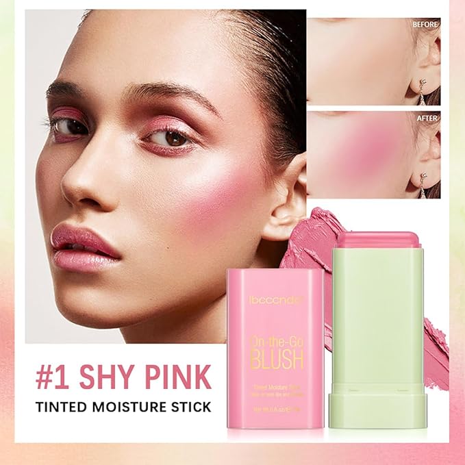 Multi-Use Makeup Blush Stick, Tinted Solid Moisturizer On-the-Go Blush, Multi-use Cream Blush Stick for Cheek & Eyes & Lips, Waterproof Natural Nude Makeup for All Skin (1# Shy Pink)-VivaGrace Women