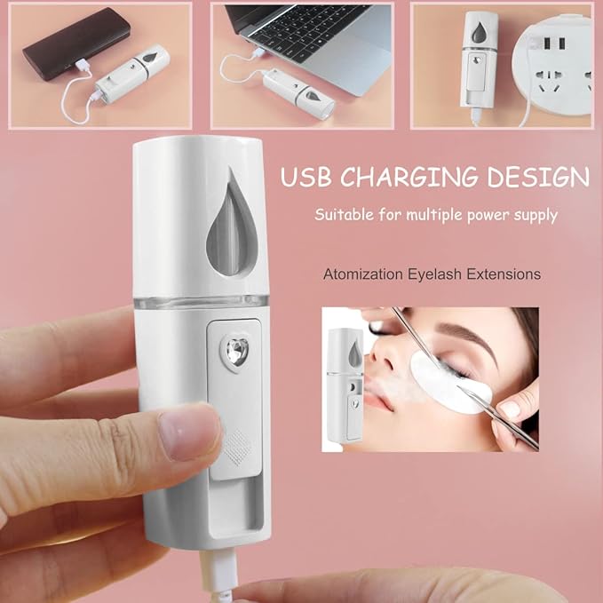 Nano Facial Mister Portable Mist Sprayer with Mirror Mini Cool Mist Spray for Skin Care & Facial Body Moisturized & Eyelash Extensions, USB Rechargeable (White)-VivaGrace Women
