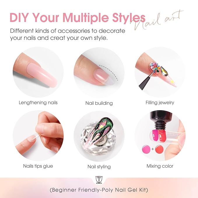 ROSALIND Poly Nail Gel Kit -14 Colors +72 Nail Art Accessories kit Nude Pink Poly Nails Gel Kit Starter Kit with Mini UV Lamp Slip Solution Basic Poly Nail Art Tools for Beginners with Everything-VivaGrace Women