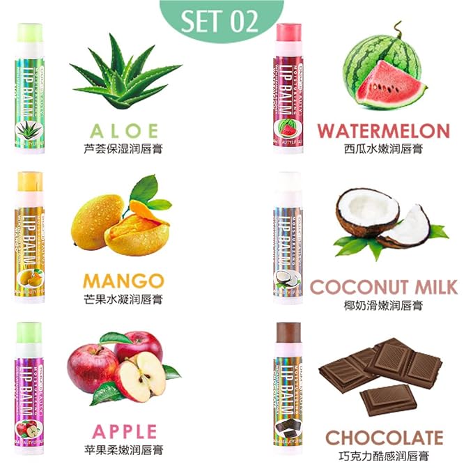 evpct 6Pcs Classic Fruit Flavour Flavored Lip Balm Set for Lip Care Chafed Chapped Cracked Lips,Natural Vitamin E Honey Aloe Vera Watermelon Mango Coconut Milk Apple Chocolate Moisturizing Lip Balm 2-VivaGrace Women