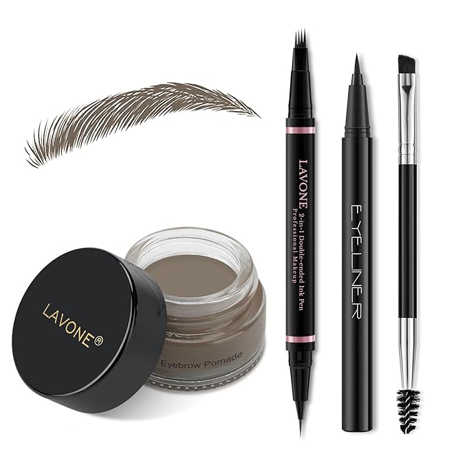 Eyebrow Pencil Makeup Kit, with Waterproof 2-IN-1 Microblading Eyebrow Pen, Eyebrow Pomade, Eyeliner and Dual-ended Eyebrow Brush, Brow Pencil Kit for Natural Eyebrows - Dark Grey-VivaGrace Women