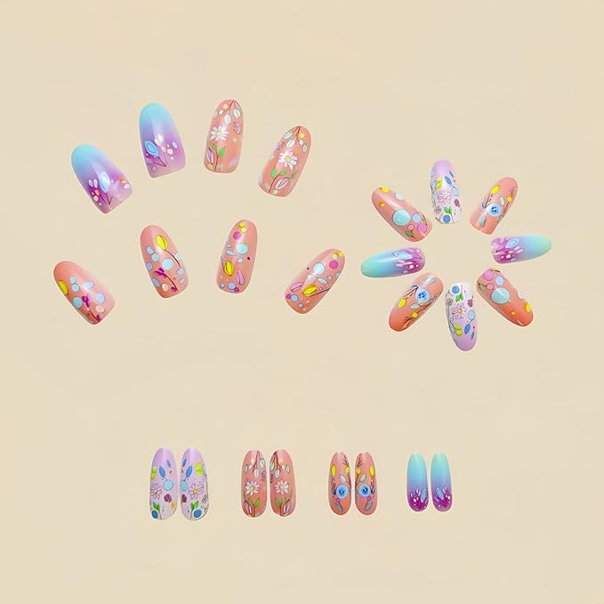 Almond Press on Nails Colorful Flower Fake Nails Cute Spring False Nails for Women Full Cover Stick on Nails Reusable Acrylic Nails Medium Length Fake Nails Manicure Decor 24Pcs
