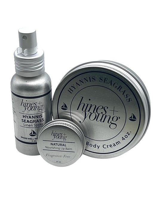 Hines+Young Travel Tins Gift Set - 4 oz Body Cream, 2 oz Linen Spray, Natural Lip Balm - Skin Care and Refreshing Home Fragrance, Ideal Self-Care Gift Set (Pack of 3, Hyannis Seagrass)-VivaGrace Women