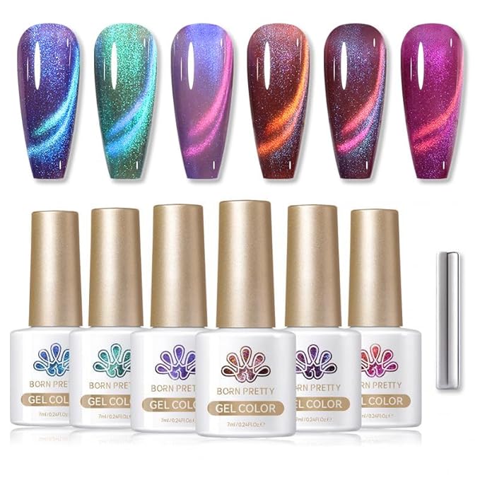 Born Pretty Magnetic Gel Nail Polish Set,Purple Blue Cat Magnetic Eye Gel Jelly Glass Crystal Magnetic Gel Polish Nail Art Manicure Kit 6PCS-VivaGrace Women
