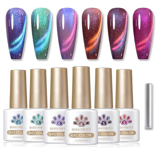 Born Pretty Magnetic Gel Nail Polish Set,Purple Blue Cat Magnetic Eye Gel Jelly Glass Crystal Magnetic Gel Polish Nail Art Manicure Kit 6PCS-VivaGrace Women