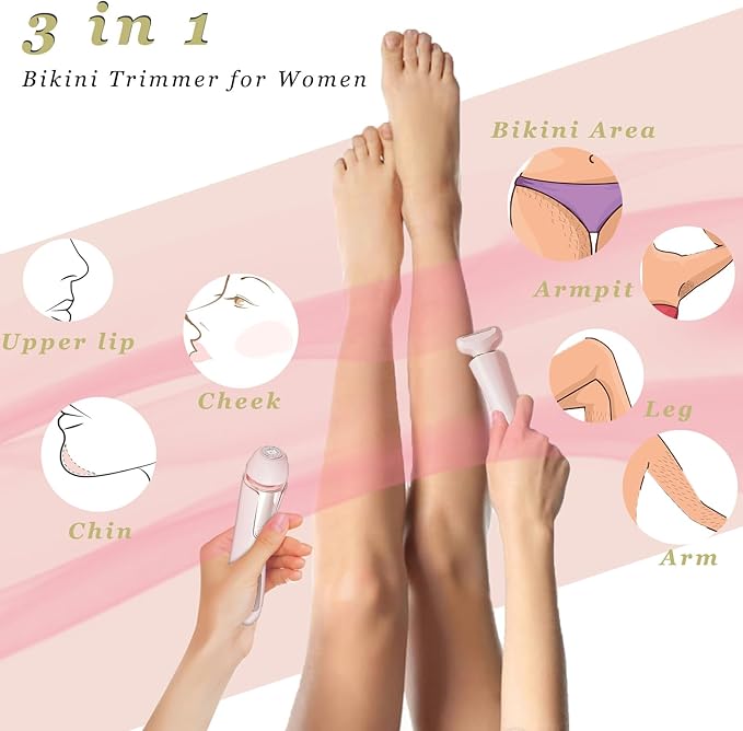 Bikini Trimmer for Women 3 in 1 Body Shaver | No Nick Replaceable Dual Heads | Rechargeable Electric Razors for Pubic Hair with LCD Display | Women's Bikini Area, Face, Legs & Underarms Trimmer-VivaGrace Women