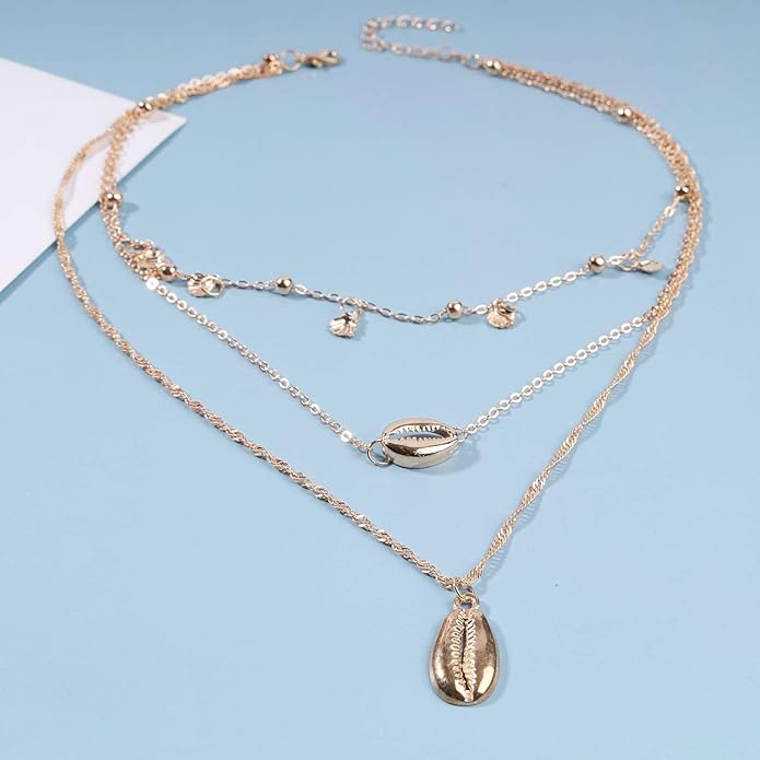 Boho Coin Disc Necklace Choker Gold Layered Shell Pendant Necklace Vintage Seashell Necklace Retro Singapore Chain Necklace Jewelry for Women Gifts-VivaGrace Women