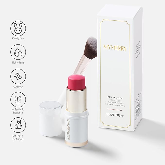Blush Stick, Cream Blush for Cheeks and Lip Tint, Dewy Finish, Buildable & Blendable Color, Lightweight & Long-Lasting Formula | Forelsket-Cool Pink & Angled Blush Brush（0.53fl.oz）-VivaGrace Women