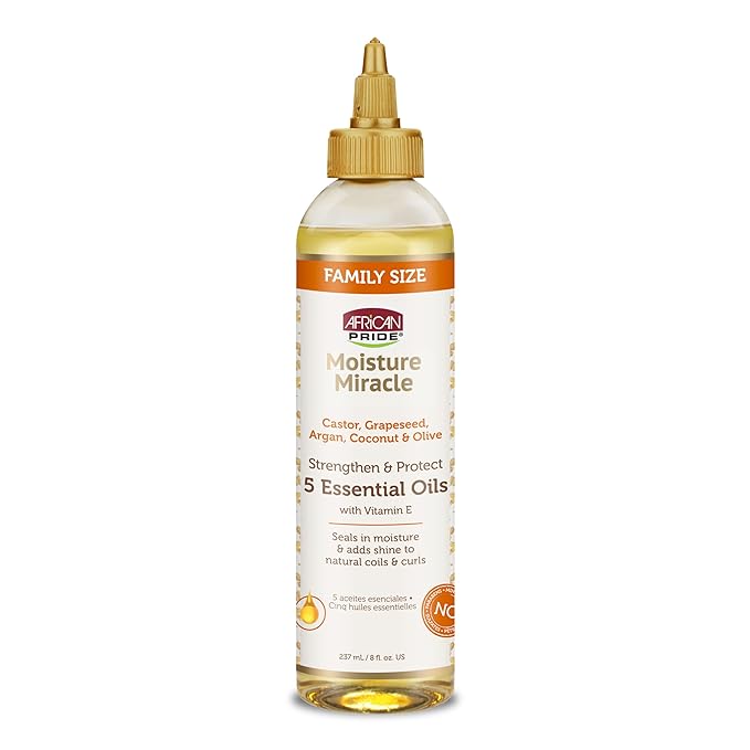 African Pride Moisture Miracle 5 Essential Hair Oils with Vitamin E | Moisture, Shine, Protection, and Growth | Argan, Castor, Grapeseed, Coconut, and Olive Oil | 8 oz-VivaGrace Women