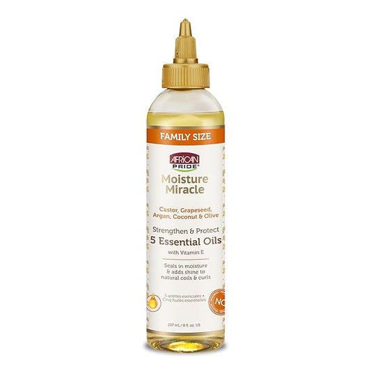 African Pride Moisture Miracle 5 Essential Hair Oils with Vitamin E | Moisture, Shine, Protection, and Growth | Argan, Castor, Grapeseed, Coconut, and Olive Oil | 8 oz-VivaGrace Women