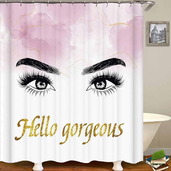 4PCS Hello Gorgeous Eyelash Shower Curtain Set, Gold Glitter Quotes Black Eyebrow Makeup Pink Marble Glam Modern Fashion Girly Women Bathroom Decor, Non-slip Bath Mat Toilet Rug, Charming Eyes-VivaGrace Women