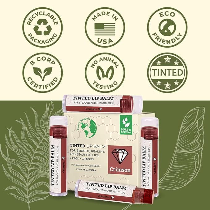 Tinted Lip Balm by Earth’s Daughter – 4 Pack of Crimson Color – Beeswax, Coconut Oil, Cocoa Butter, Vitamin E – Moisturize and Beautify – Paraben Free-VivaGrace Women