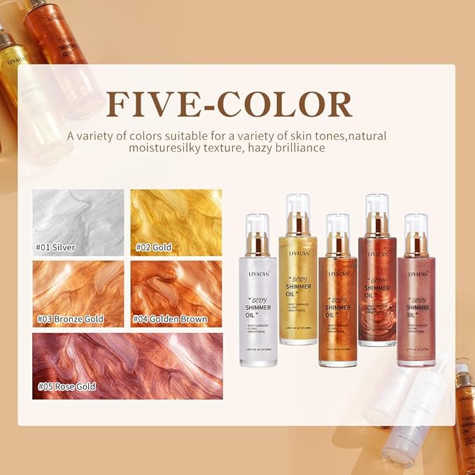 Liyalan Shimmer Body Oil Golden Brown 5 Color Bronze Face Glow Pearl Highlighter Illuminator Body Makeup Shine Glitter Gold Liquid Taning 3.38 Fl Oz-VivaGrace Women