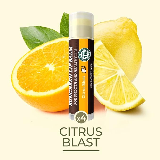 SPF Lip Balm 4-Pack by Earth's Daughter - Lip Sunscreen, SPF 15, Organic Ingredients, Citrus Flavor, Beeswax, Coconut Oil, Vitamin E - Hypoallergenic, Paraben Free, Gluten Free-VivaGrace Women