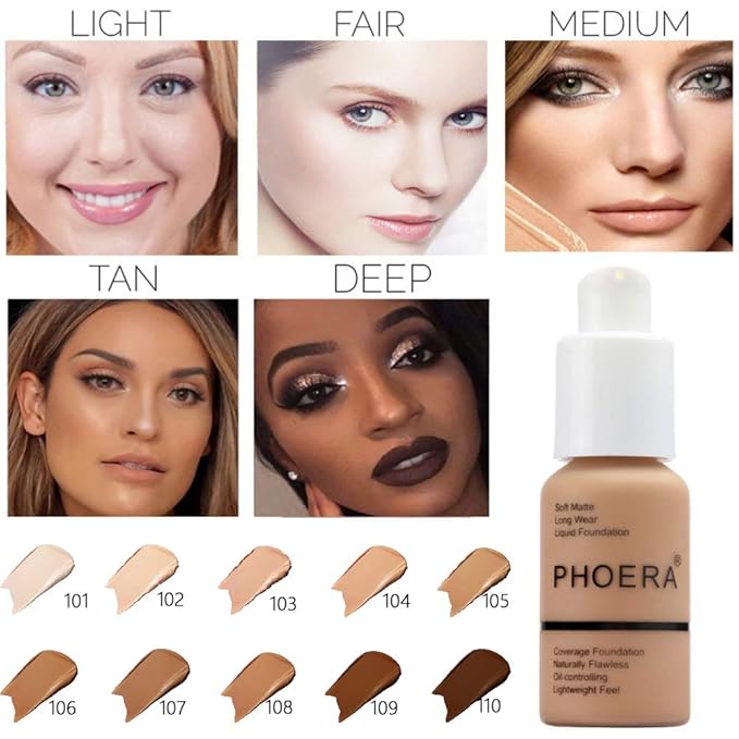 PHOERA Foundation Makeup Naturally Liquid Foundation Full Coverage Mattle Oil-Control Concealer 8 Colors Optional,Great Choice For Gift (#106 Warm Sun,30ml)-VivaGrace Women