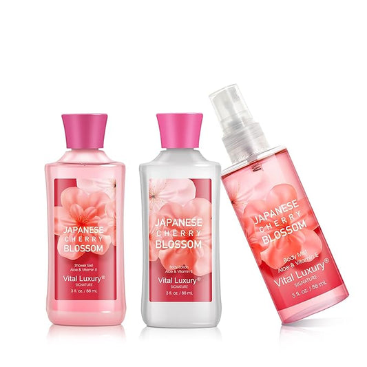 Bath & Body Kit Japanese Cherry Blossom, 3 Fl Oz, Ideal Skincare Gift, Home Spa Set, Includes Body Lotion, Shower Gel and Fragrance Mist, Perfect for Christmas Gifts and Festive Pampering-VivaGrace Women