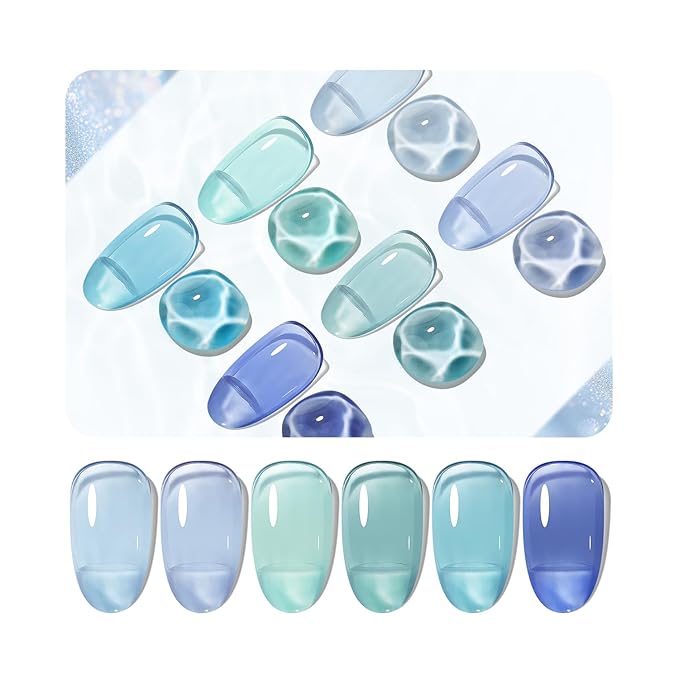 JODSONE 10ml 6 Colors Jelly Gel Nail Polish Set Ocean Blue Turquoise Gel Polish with Crystal Long Lasting All Seasons Need U V Lamp-VivaGrace Women
