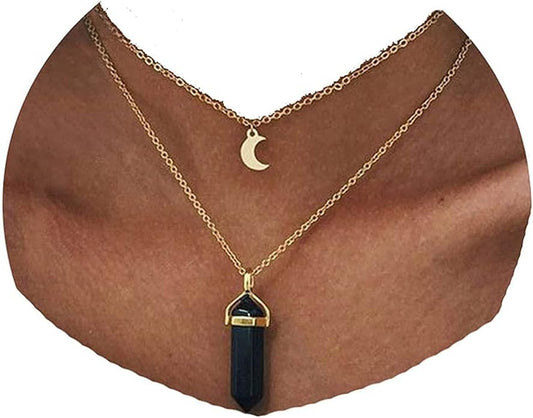 Boho Layered Moonstone Necklace Chain Gold Moon Pendant Necklace Black Hexagonal Stone Necklace Jewelry for Women-VivaGrace Women