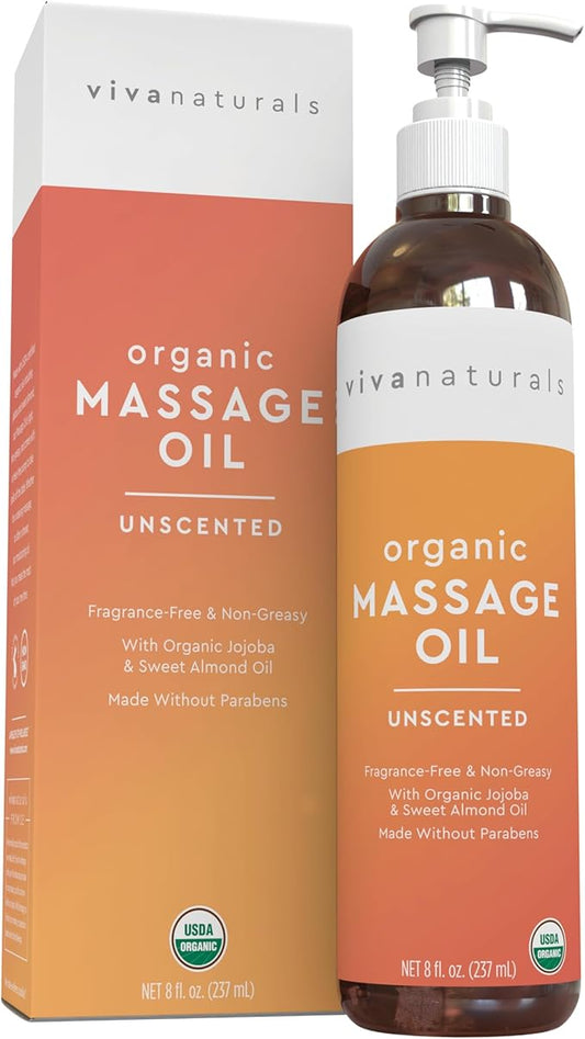 Viva Naturals Organic Massage Oil Unscented (8 fl. oz.) - Non-Greasy Body Oil with Mess-Free Pump, Moisturizing Massage Oils for Massage Therapy, Non-GMO and Certified Organic, 237 mL-VivaGrace Women