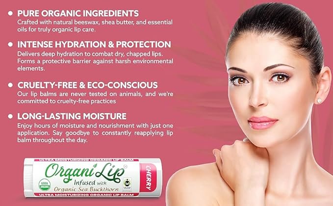 Organic Lip Balm, Cherry Flavor, Ultra Hydrating Lip Moisturizer for Cracked or Dry Lips, Infused With Organic Sea Buckthorn, Oval Shaped Tube, USDA Certified Organic, 30 Pack-VivaGrace Women
