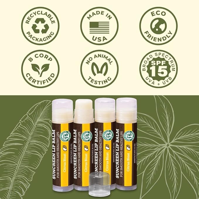 SPF Lip Balm 4-Pack by Earth's Daughter - Lip Sunscreen, SPF 15, Organic Ingredients, Citrus Flavor, Beeswax, Coconut Oil, Vitamin E - Hypoallergenic, Paraben Free, Gluten Free-VivaGrace Women
