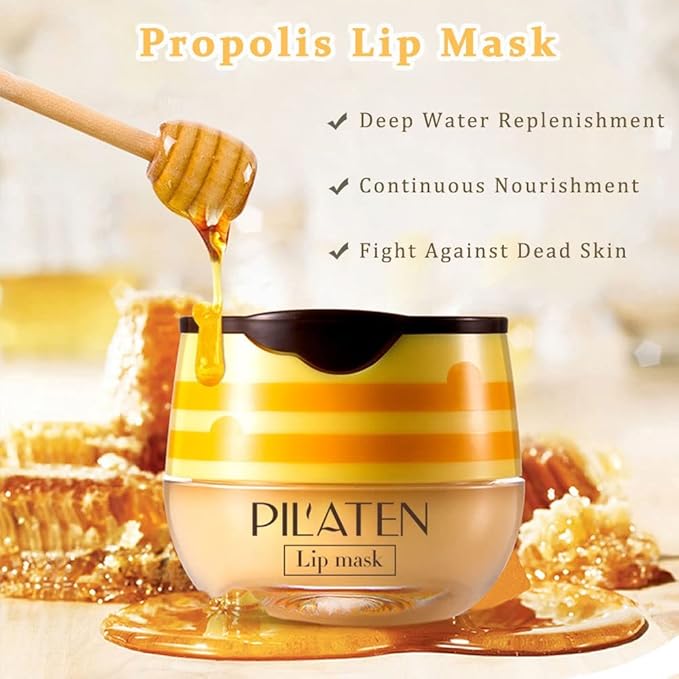 Lip Plumper Lip Mask Set, Bee Balm Lip Balm Honey Pot, Lip Plumper Gloss Lip Injection Honey Moisturizing Lip Sleeping Mask, Hydrating & Prevention Dry and Cracked Lip Scrubs Exfoliator-VivaGrace Women