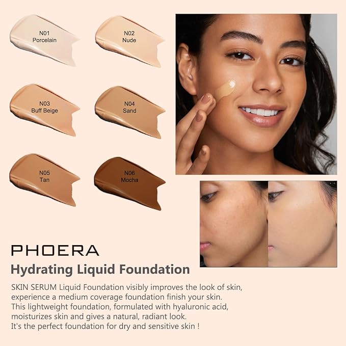 PHOERA Essence Foundation,Hydrating Waterproof and Light Long Lasting Hypoallergenic Full Coverage Foundation Serum. (N05 Tan)-VivaGrace Women